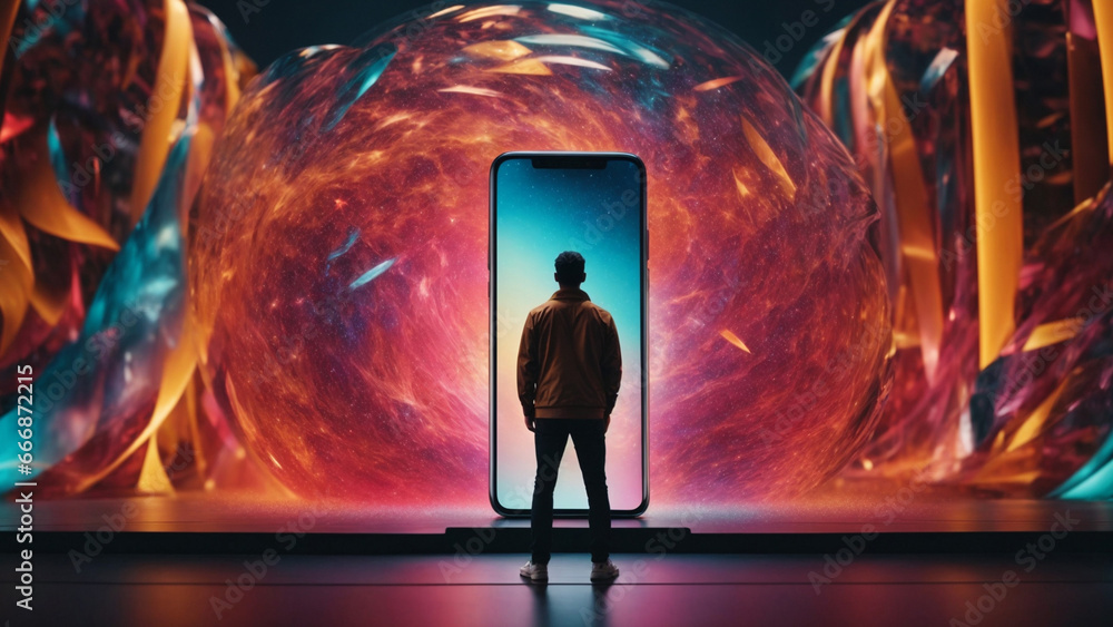 information technology concept. Illustration of a man staring at a giant smartphone screen in front of him. AI generated - obrazy, fototapety, plakaty 