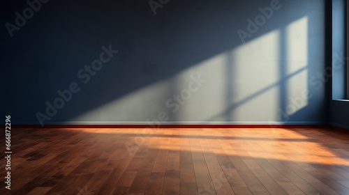 Dark blue wall and wooden floor in an empty room © Gethuk_Studio