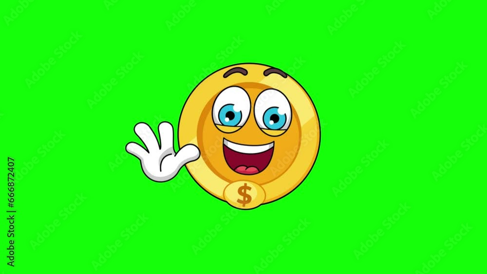 Waving hand animation of a dollar gold coin cartoon, mascot character on green screen
Waving hand animation of a dollar gold coin cartoon, mascot character on green screen