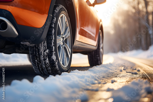 Car with winter tires on a snowy road, close-up view, space for text - depicting the concept of family travel to a ski resort during winter or spring holidays,