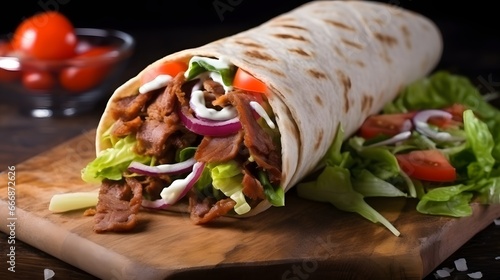 A delicious doner donair kebab wrap with spicy meat, lettuce, tomato, red onion and sauce.