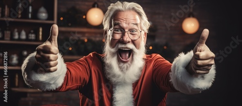 Smiling Santa Claus happily watches soccer game cheering with raised fists photo