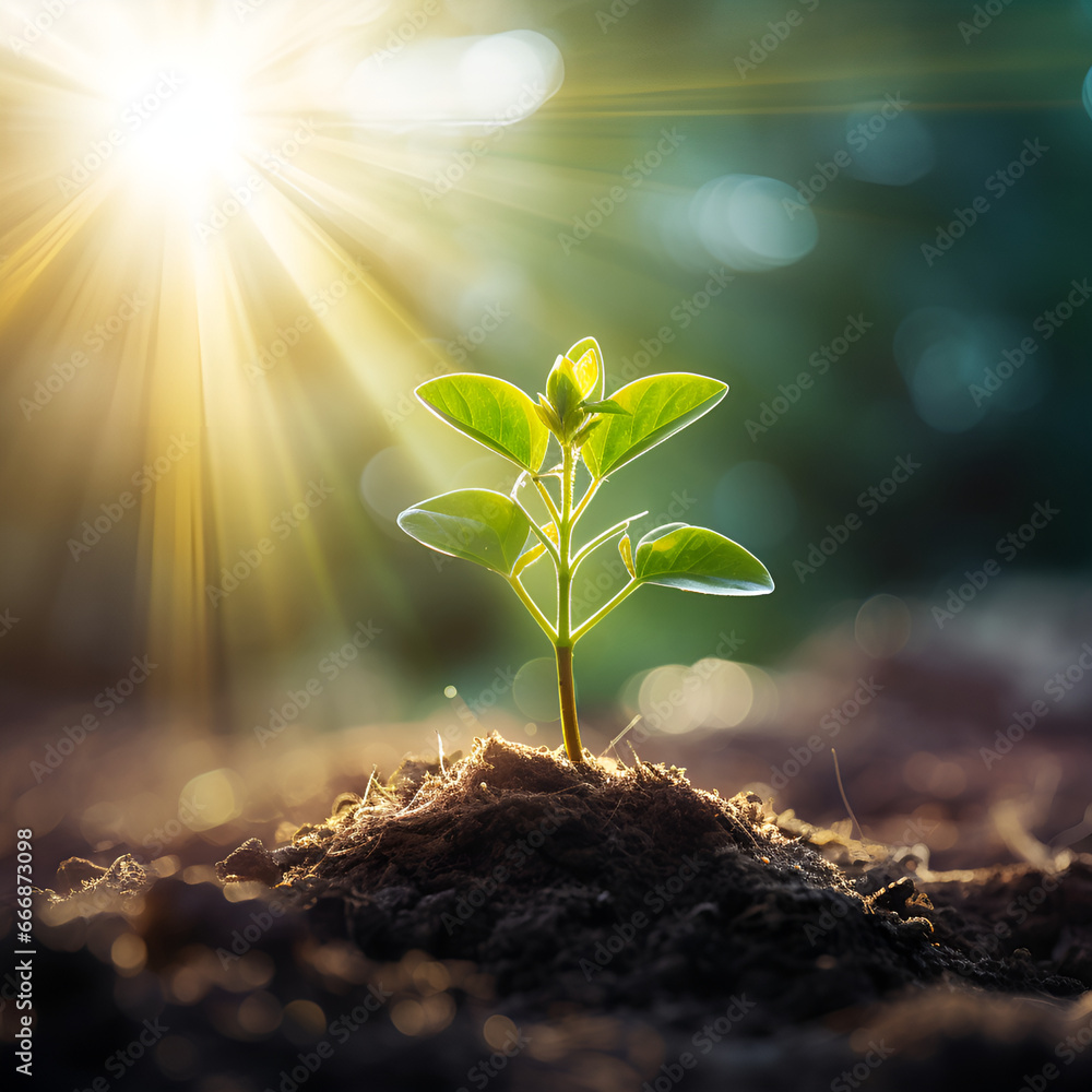 Small tree growing with sunshine in garden. eco concept Small tree growing with sunshine in garden. eco concept