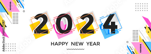 happy new year 2024 cover with modern geometric abstract background in retro style. happy new year greeting card banner design for 2024 art calligraphy, colorful shapes. Creative Vector illustration.