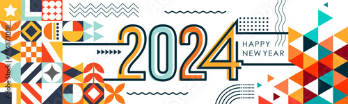 happy new year 2024 cover with modern geometric abstract background in retro style. happy new year greeting card banner design for 2024 art calligraphy, colorful shapes. Creative Vector illustration.