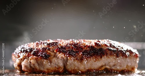 Fried vegetarian cutlets made from vegetable protein. Cinematic advertising plant-based imitation burger cooking. Pan-fried vegetarian cutlets delicious and healthy alternative to meat. Soy protein