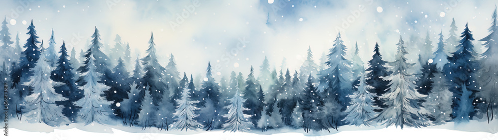 Snow-covered coniferous forest. Cute winter repeating landscape. Horizontal view of the winter forest., generative ai