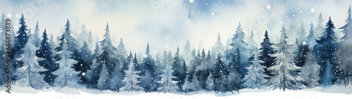 Snow-covered coniferous forest. Cute winter repeating landscape. Horizontal view of the winter forest., generative ai