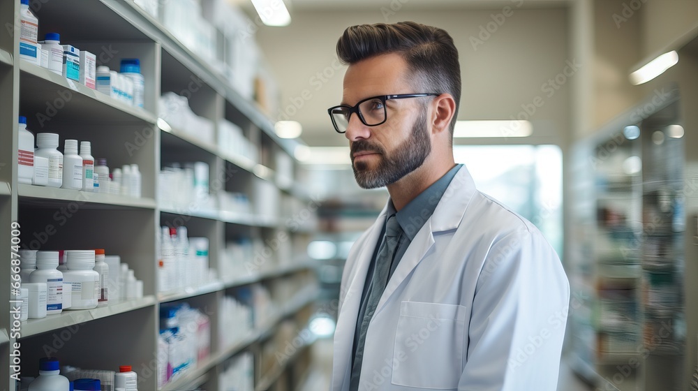 Obraz premium Handsome young male caucasian druggist pharmacist in white medical coat smiling and looking at camera in pharmacy drugstore