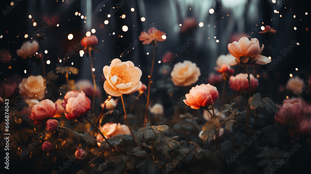 Romantic and Moody Flower Background with Twinkle Lights and Grunge Effect - Muted Pink Color Tones with Fall Florals and Cinematic Styled Grading - Vintage Floral Background or Wallpaper - Valentines