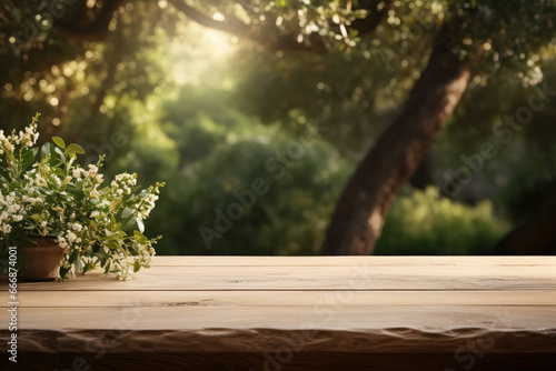 Eco-friendly display Empty wooden table against blurred boreal forest. AI Generative marvel highlights the sustainable and organic feel of the scene.