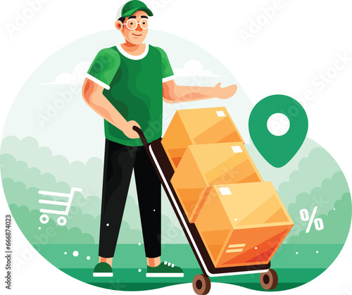 Delivery Courier Pushing a Trolley with Cardboard Boxes