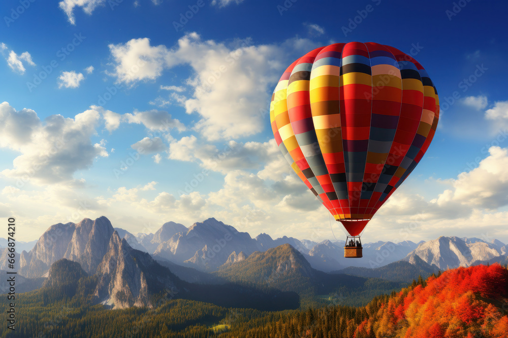 Colorful hot air balloon floats amidst mist and mountain peaks, providing an outdoor recreation experience. AI Generative escape into nature!