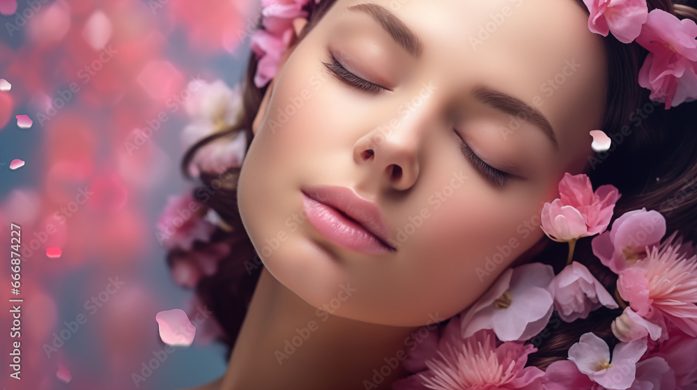 Beautiful young woman with skin clean and fresh and closed eyes, pink flowers surrounding her face. Spa facial treatment. Toning technique for glowing skin. Cherry blossoms