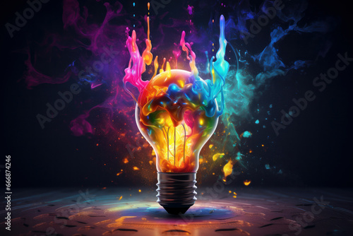 Explode into the realm of ideas with a glowing lightbulb against a black background, showcasing the art of innovation. AI Generative brilliance.