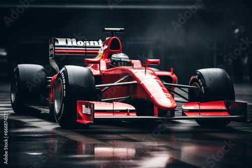 The heart-pounding world of Formula 1 racing captured in a bright red and white race car inside the garage. AI Generative motorsport. photo