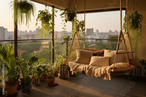 Your serene outdoor retreat A stylish balcony featuring a swing chair, modern furnishings, and abundant greenery.