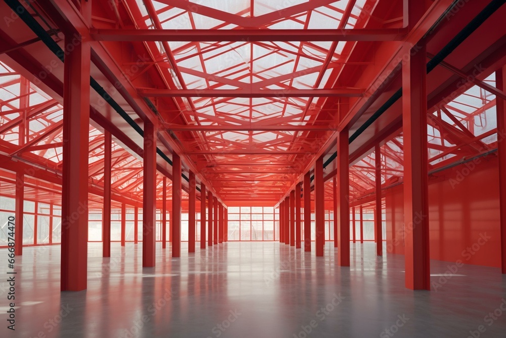 Indoor view of a steel framework building with a red color scheme. Generative AI