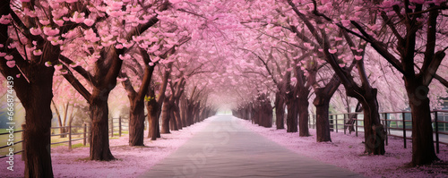 An inviting walkway amidst vibrant pink trees in full bloom, offering a tranquil escape in nature. AI Generative serenity. photo