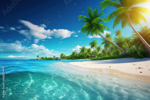 Escape to a sun-drenched tropical haven  a dreamy beach where palm trees stand tall against the backdrop of clear  inviting waters. AI Generative vacation.