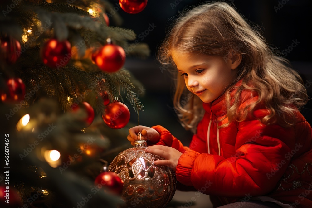 Naklejka premium little girl sitting in a red dress and looking at a christmas tree