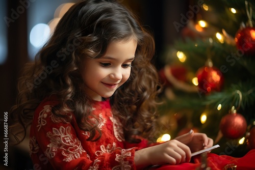 little girl sitting in a red dress and looking at a christmas tree