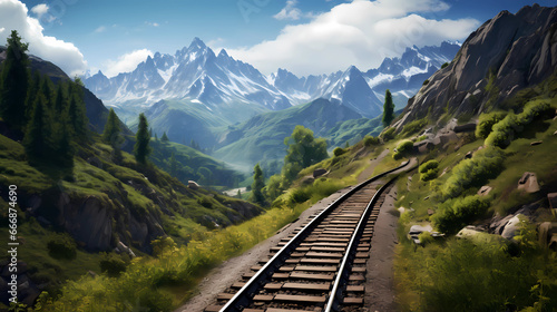 the winding railroad tracks disappearing into the distance among the mountains