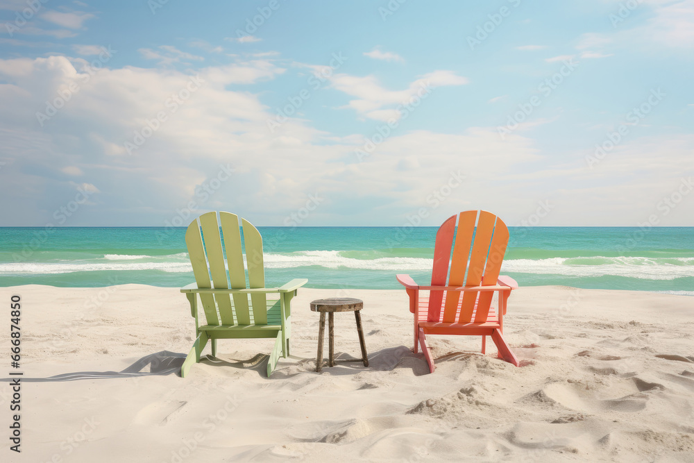 A scenic summer backdrop with two beach chairs near the ocean, where water meets the sky in a tranquil nature setting. AI Generative.