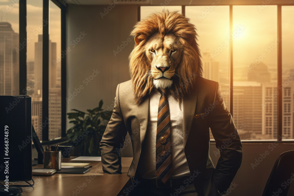 A lion in formal attire commands respect in the office environment, embodying the concept of a professional and powerful manager. AI Generative. - obrazy, fototapety, plakaty 