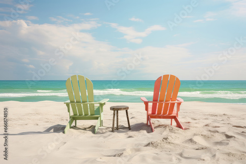 A scenic summer backdrop with two beach chairs near the ocean, where water meets the sky in a tranquil nature setting. AI Generative. © Alisa