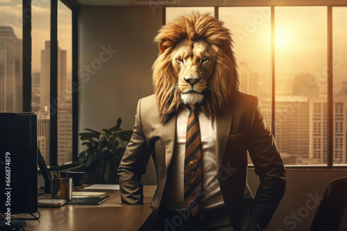 A lion in formal attire commands respect in the office environment, embodying the concept of a professional and powerful manager. AI Generative.