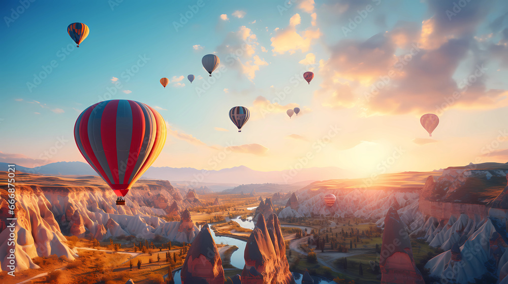  hot air balloons floating over the unique Cappadocian landscape - obrazy, fototapety, plakaty 