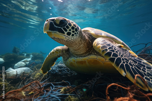 Plastic pollution crisis  A sea turtle swims amidst ocean debris  highlighting the urgent need for conservation and addressing the environmental problem. AI Generative.