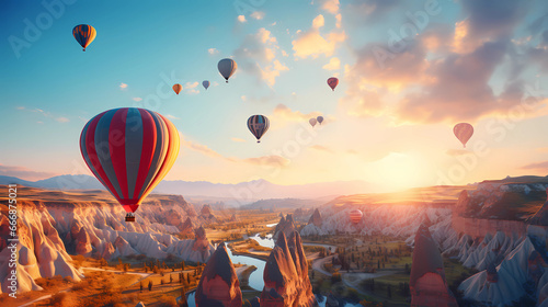  hot air balloons floating over the unique Cappadocian landscape photo