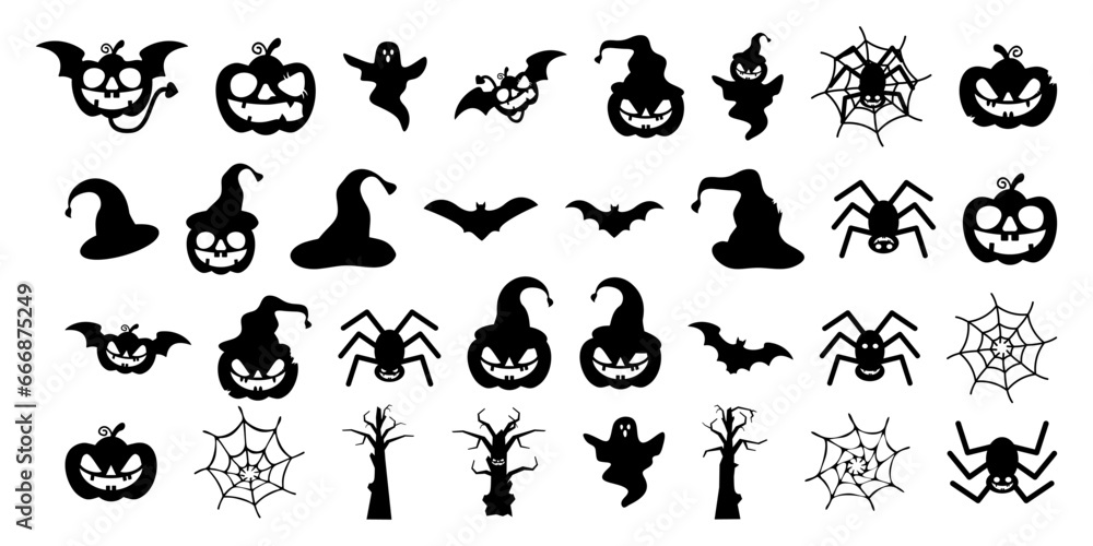 Obraz premium Happy Halloween Icon Set Black White. Pumkin. Ghost. Tree. Spider