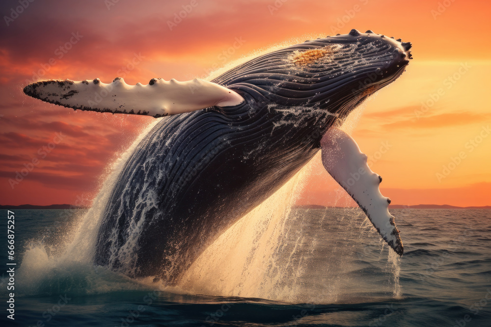 Fototapeta premium A majestic humpback whale leaps out of the Indian Ocean waters near Madagascar's St. Mary's Island. Rare and beautiful jump captured in this photograph. AI Generative.