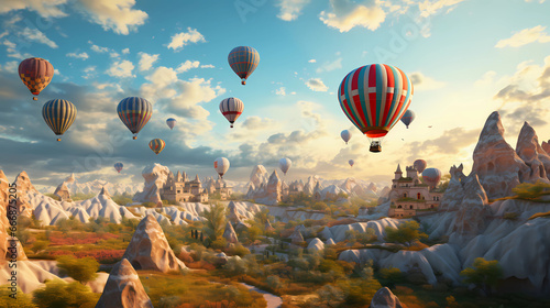  hot air balloons floating over the unique Cappadocian landscape