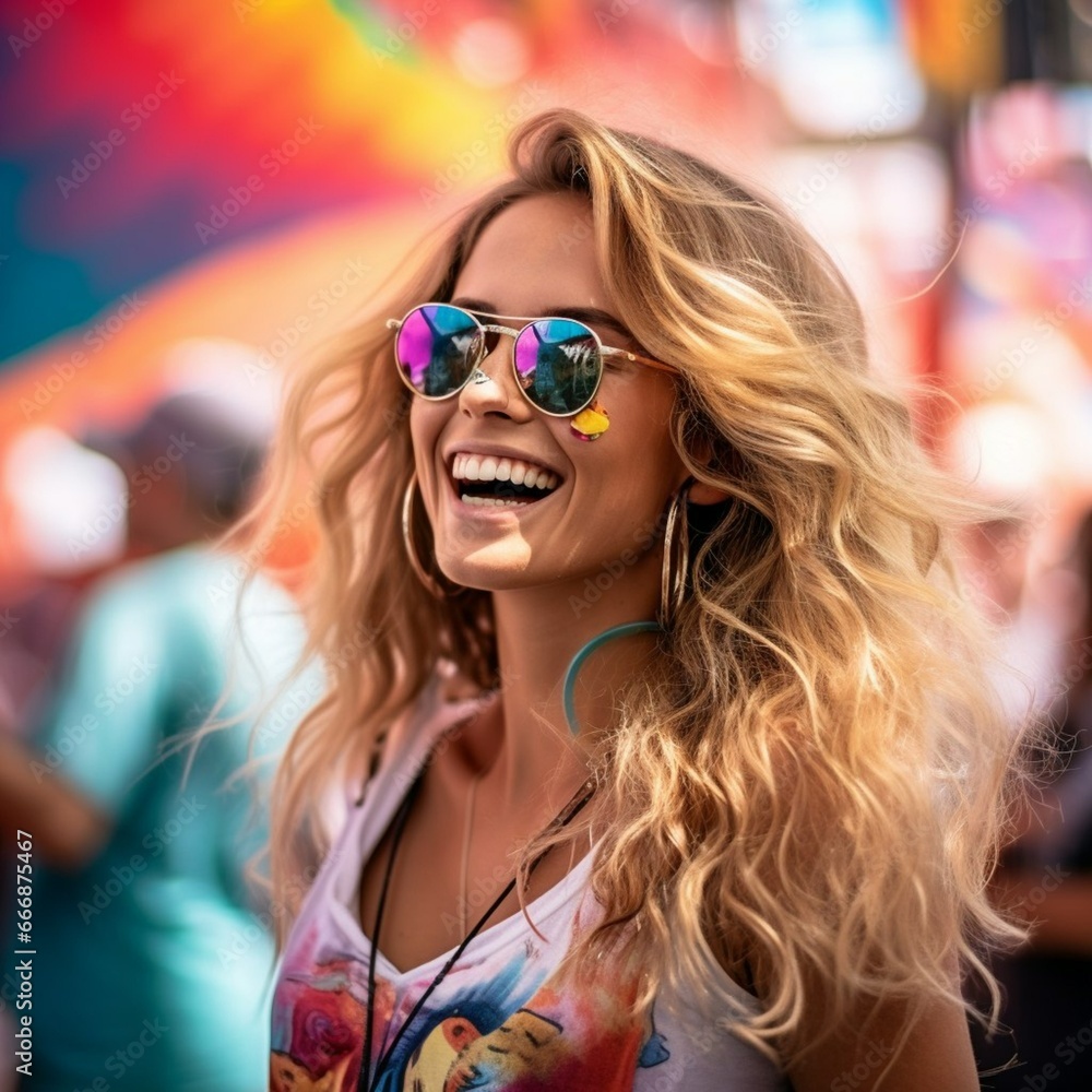 Beautiful blonde girl on a sunny day wearing glasses at a colorful party Beautiful blonde girl on a sunny day wearing glasses at a colorful party