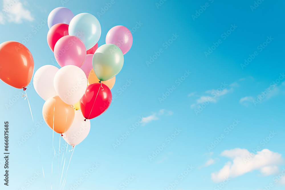 In the bright sky, a bunch of colorful balloons, closeup and filled with helium, adds a festive touch to the background for a celebratory birthday party. AI Generative.
