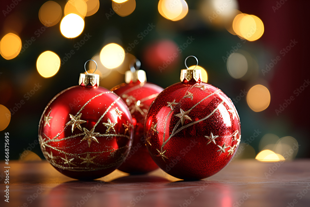Red Christmas glass balls on wooden table against the background of defocus from the lights. AI Generative Pro Photo Red Christmas glass balls on wooden table against the background of defocus from the lights. AI Generative Pro Photo
