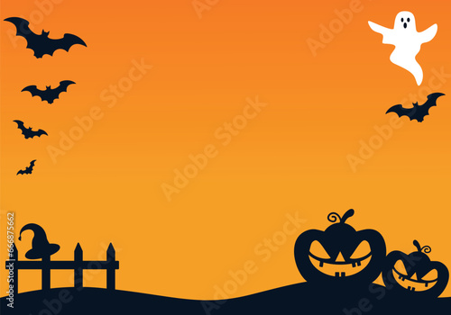 Happy Halloween background with empty space surrounded by bats, ghosts, pumpkins, fences and witch hats. Party invitation vector illustration on orange background