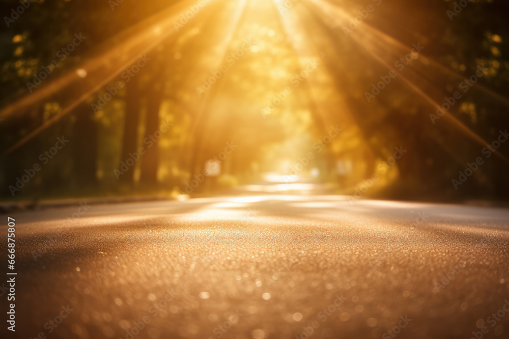 A bright road with beams of sunlight, a scenic journey through nature's landscape. The perfect start to an outdoor adventure. AI Generative.