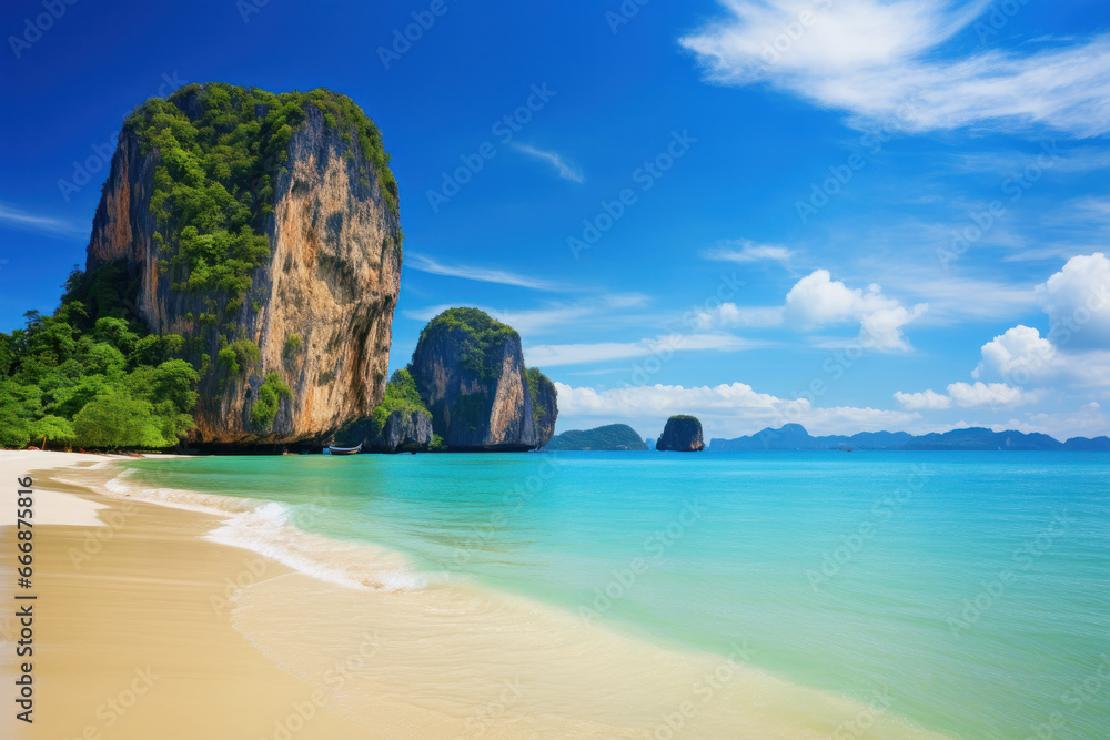 Thailand's Phi Phi Island offers a breathtaking view of blue seas and sandy beaches, perfect for a summer getaway. AI Generative.