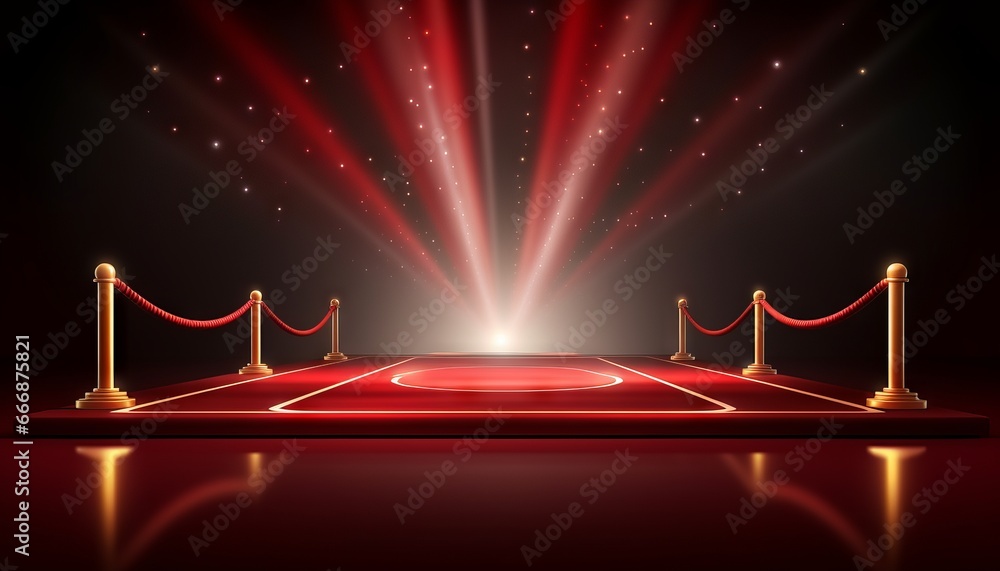 Realistic red carpet and pedestal with illumination and barrier fences with velvet rope - obrazy, fototapety, plakaty 