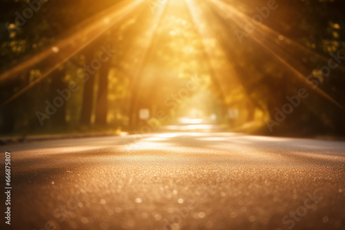 A bright road with beams of sunlight, a scenic journey through nature's landscape. The perfect start to an outdoor adventure. AI Generative.