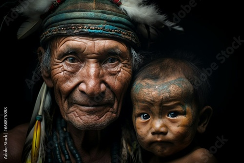 Photo of an Indian man from the village tribe with a child