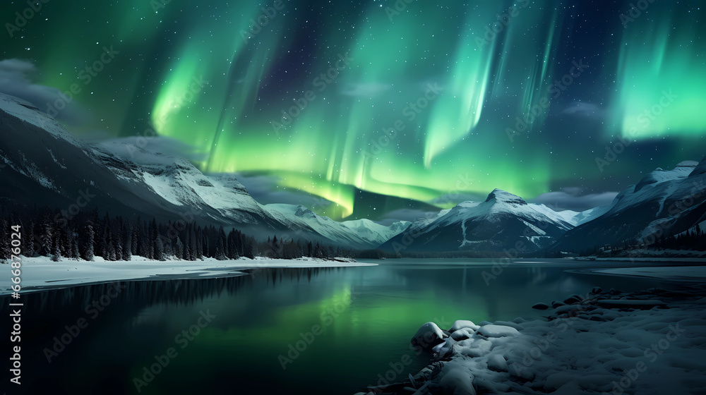 Northern Lights reflecting in a calm frozen lake