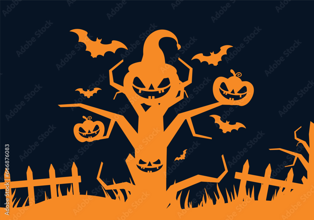 Illustration of Happy Halloween with ghostly tree silhouette surrounded by bats, pumpkins, fence.