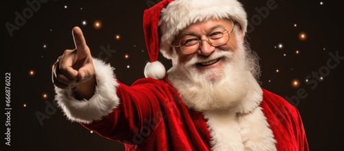 Festive Santa Claus wearing a cap using a smartphone with a bright background for Christmas ads © AkuAku