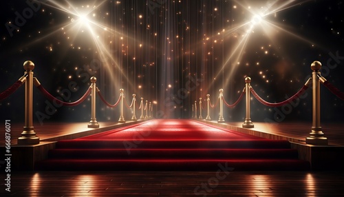 Realistic red carpet and pedestal with illumination and barrier fences with velvet rope